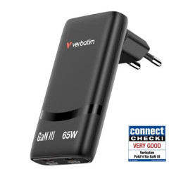Hálózati töltő, 2xUSB-C, 65W, GaN, VERBATIM "Fold `n` Go", fekete