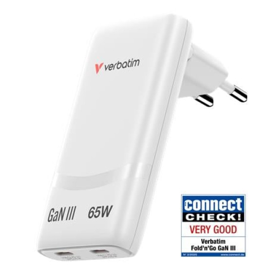 Hálózati töltő, 2xUSB-C, 65W, GaN, VERBATIM "Fold `n` Go", fehér Hálózati töltő, 2xUSB-C, 65W, GaN, VERBATIM "Fold `n` Go", fehér