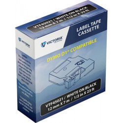 Feliratozógép szalag, 12 mm x 7 m, VICTORIA TECHNOLOGY, fekete-fehér