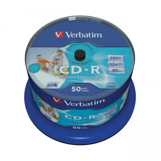 CD-R lemez, nyomtatható, matt, no-ID, AZO, 700MB, 52x, 50 db, hengeren, VERBATIM