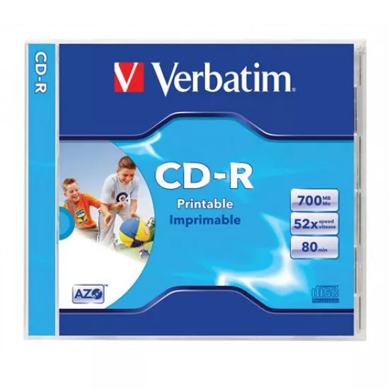 CD-R lemez, nyomtatható, matt, ID, AZO, 700MB, 52x, 1 db, normál tok, VERBATIM