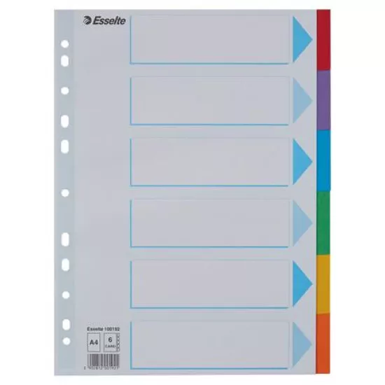 Regiszter, karton, A4, 6 részes, írható előlappal, ESSELTE "Standard", színes
