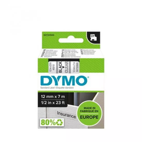 Feliratozógép szalag, 12 mm x 7 m, DYMO "D1", víztiszta-fekete