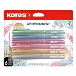 Szövegkiemelő készlet, 3-5 mm, KORES "Glitter", 6 különböző csillámos szín