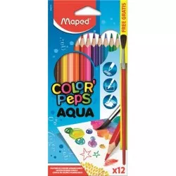 Akvarell ceruza készlet, háromszögletű, ecsettel, MAPED "Color`Peps", 12 különböző szín Akvarell ceruza készlet, háromszögletű, ecsettel, MAPED "Color`Peps", 12 különböző szín
