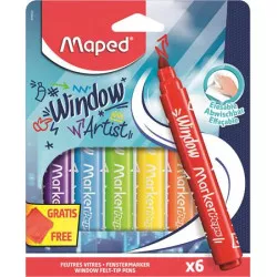 Ablakfilc készlet, vastag, törlőkendővel, 5 mm, MAPED "Marker`Peps", 6 különböző szín