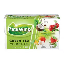 Zöld tea, 20x1,5 g, PICKWICK "Zöld tea Gyümölcsös Variációk", kókusz, vörösáfonya, eper-citromfű, mangó-jázmin