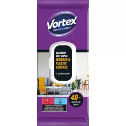 Nedves törlőkendő, fa- és műanyag felületre, 48 db, VORTEX