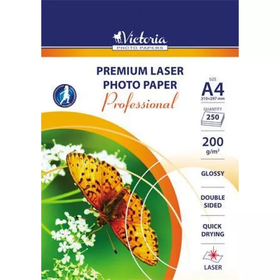 Fotópapír, lézer, A4, 200 g, fényes, kétoldalas, VICTORIA "Professional"