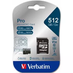 Memóriakártya, microSDXC, 512GB, CL10/U3/A2, 100/90 MB/s, adapter, VERBATIM "PRO"