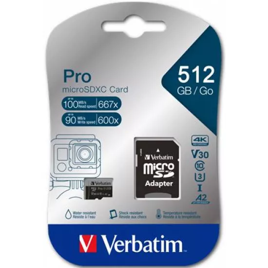 Memóriakártya, microSDXC, 512GB, CL10/U3/A2, 100/90 MB/s, adapter, VERBATIM "PRO"