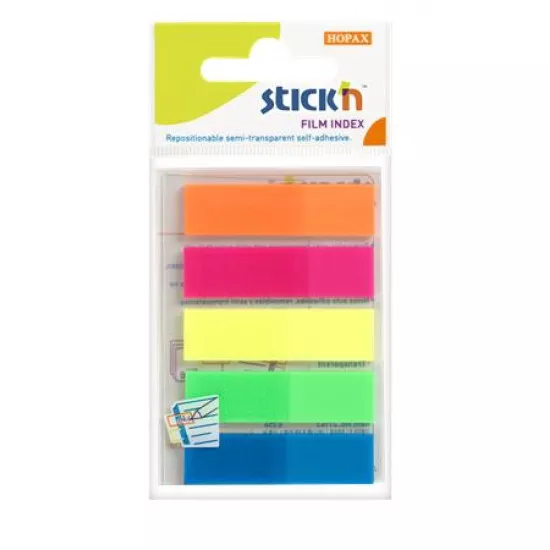 Jelölőcímke, műanyag, 5x25 lap, 45x12 mm, STICK N, neon színek