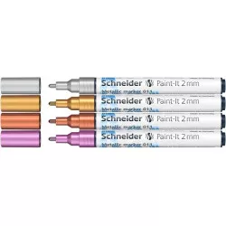Akril marker készlet, 2 mm, SCHNEIDER "Paint-It 011", 4 különböző metálfényű szín