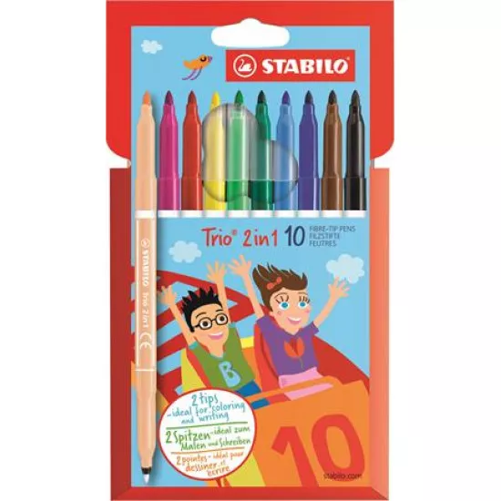 Filctoll készlet, 0,5-2 mm, kétvégű, STABILO "Trio 2 in 1", 10 különböző szín Filctoll készlet, 0,5-2 mm, kétvégű, STABILO "Trio 2 in 1", 10 különböző szín