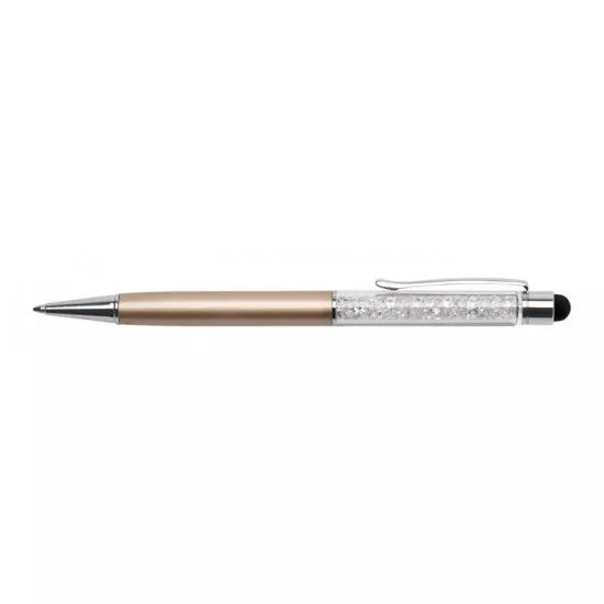 Golyóstoll, arany, felül fehér SWAROVSKI® kristállyal töltve, érintővel, 14 cm, ART CRYSTELLA®