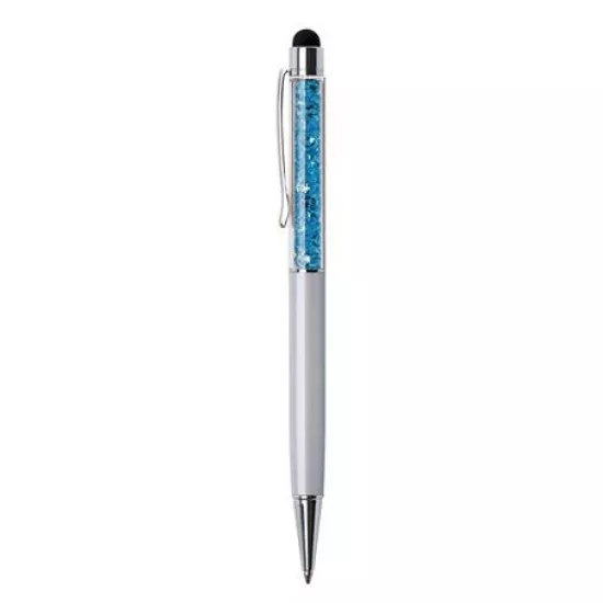 Golyóstoll, krémfehér, felül aquakék SWAROVSKI® kristályokkal töltve, TOUCH, 14 cm, ART CRYSTELLA®