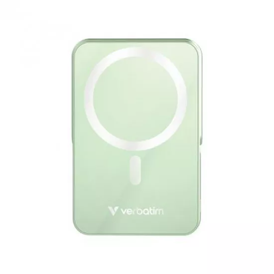 Power bank, külső akkumulátor, mágneses (vezeték nélküli), 10.000mAh, kitámasztó, VERBATIM "Charge n Go", zöld